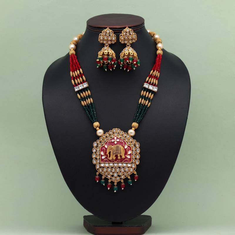 Maroon & green color meena work matte gold temple necklace set