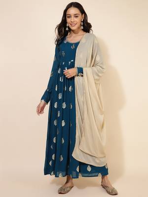 Janasya women's teal blue georgette foil printed flared kurta and dupatta 1