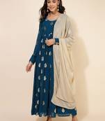 Janasya women's teal blue georgette foil printed flared kurta and dupatta
