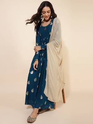 Janasya women's teal blue georgette foil printed flared kurta and dupatta 2