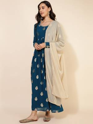 Janasya women's teal blue georgette foil printed flared kurta and dupatta 3