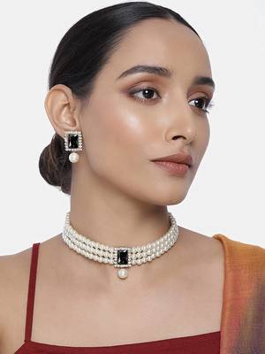 Stone Pearl Choker Necklace Jewellery Set 6