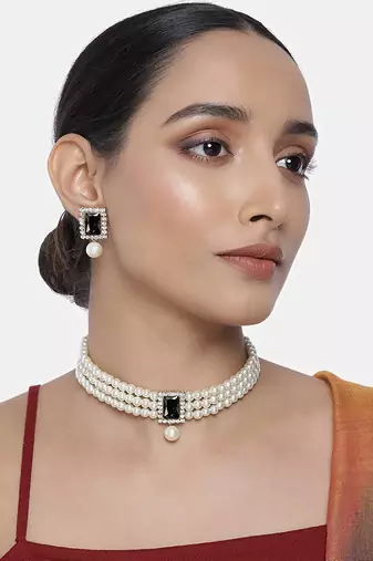 Stone Pearl Choker Necklace Jewellery Set
