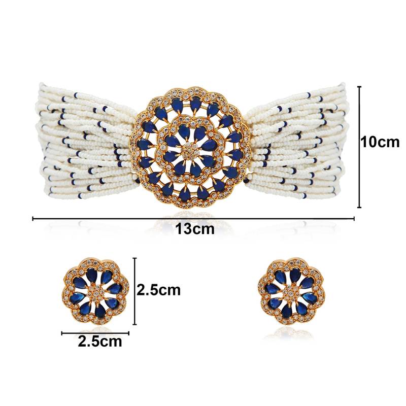 Traditional CZ Crystal Studded Pearl Choker Necklace Jewellery Set