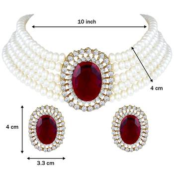 Traditional Stone Studded Pearl Choker Necklace Jewellery Set 5