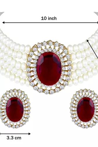 Traditional Stone Studded Pearl Choker Necklace Jewellery Set