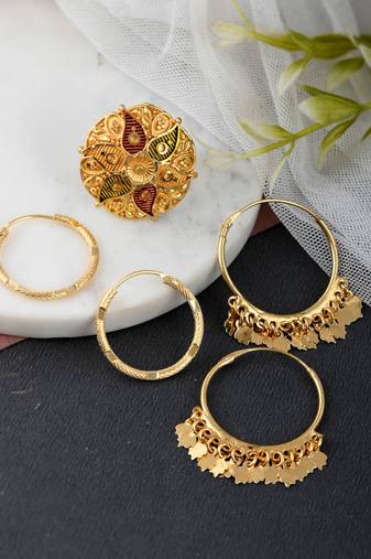 Combo of 3 gold plated meenakari angoothi and hoop earrings
