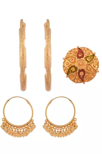 Combo of 3 gold plated meenakari angoothi and hoop earrings