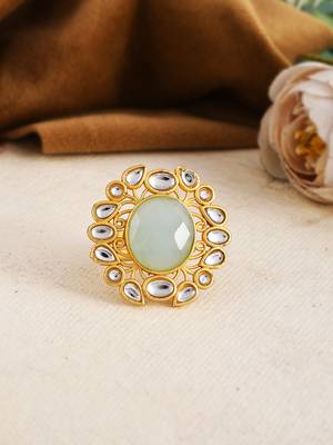 Floral kundan green stone ring 1