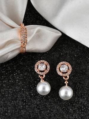 Rose gold american diamond finger ring with earrings 1