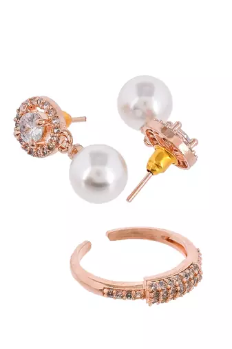 Rose gold american diamond finger ring with earrings