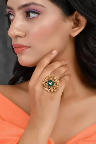 Floral green stone south indian adjustable finger rings