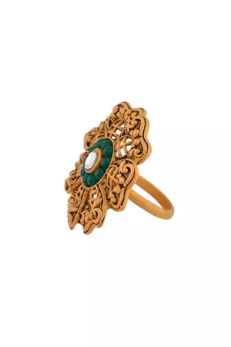 Floral green stone south indian adjustable finger rings