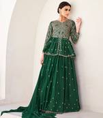 Dark green color chinon silk embroidered stitched designer suit
