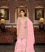 Baby pink color faux georgette embroidered   sharara suit