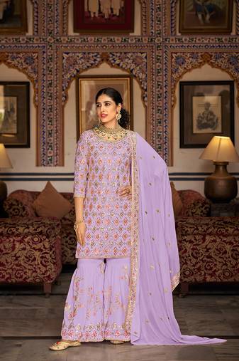 Lavender color faux georgette embroidered semi stitched sharara suit