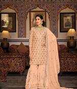 Peach color faux georgette embroidered semi stitched sharara suit