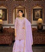 Lavender color faux georgette embroidered semi stitched sharara suit