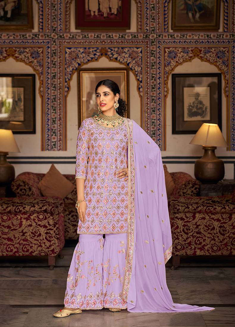 Lavender color faux georgette embroidered semi stitched sharara suit