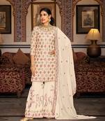 Cream color faux georgette embroidered semi stitched sharara suit