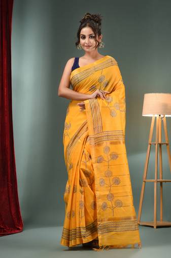 Yellow Blended Silk Handwoven Saree With Flower Designs
