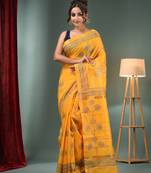 Yellow Blended Silk Handwoven Saree With Flower Designs