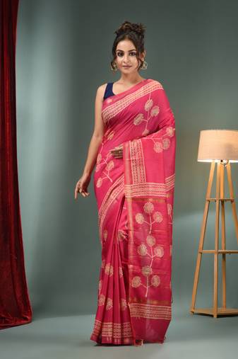 Pink Blended Silk Handwoven Saree With Flower Designs