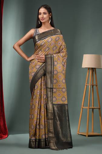 Beige Blended Silk Handwoven Ajrakh Print Saree