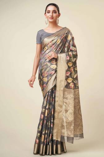 Grey Organza Faux Kanjeevaram Woven Saree With Unstitched Blouse Piece
