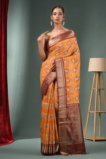 Yellow Blended Silk Handwoven Ajrakh Print Saree