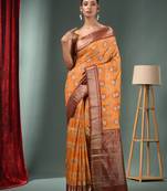 Yellow Blended Silk Handwoven Ajrakh Print Saree