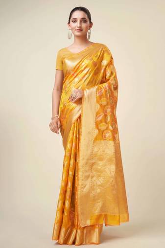Mustard Organza Faux Kanjeevaram Woven Saree With Unstitched Blouse Piece