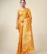 Mustard Organza Faux Kanjeevaram Woven Saree With Unstitched Blouse Piece