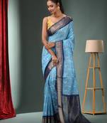 Sky Blue Blended Silk Handwoven Ajrakh Print Saree