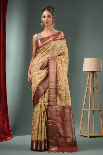Mehendi Green Blended Silk Handwoven Ajrakh Print Saree