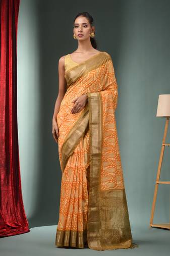 Honey Yellow Blended Silk Handwoven Ajrakh Print Saree