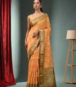 Honey Yellow Blended Silk Handwoven Ajrakh Print Saree