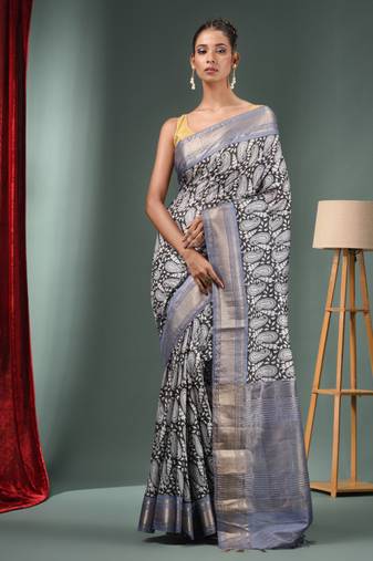 Charcoal Blended Silk Handwoven Ajrakh Print Saree