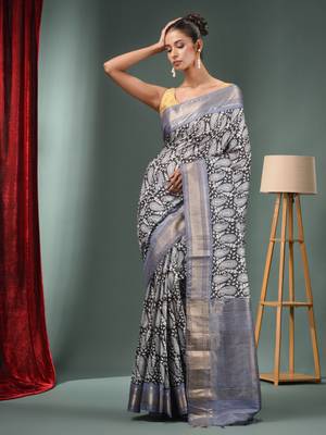 Charcoal Blended Silk Handwoven Ajrakh Print Saree 2
