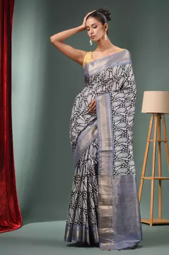 Charcoal Blended Silk Handwoven Ajrakh Print Saree