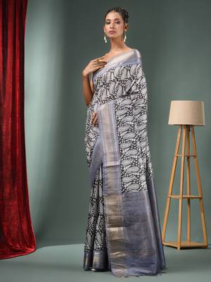Charcoal Blended Silk Handwoven Ajrakh Print Saree 3
