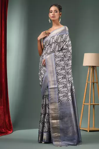 Charcoal Blended Silk Handwoven Ajrakh Print Saree