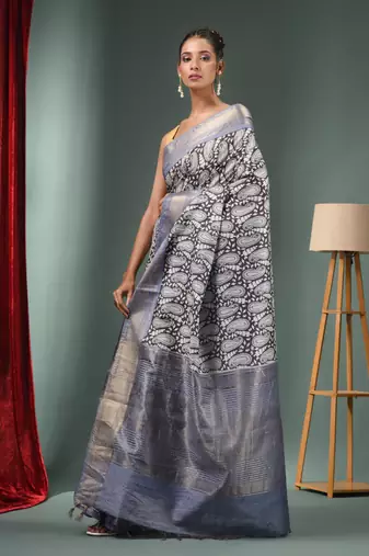 Charcoal Blended Silk Handwoven Ajrakh Print Saree