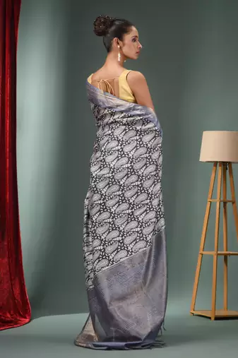 Charcoal Blended Silk Handwoven Ajrakh Print Saree