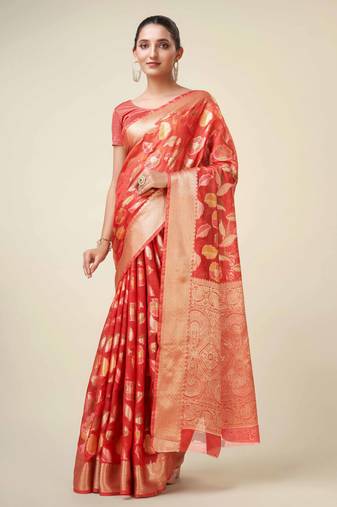 Red Organza Faux Kanjeevaram Woven Saree With Unstitched Blouse Piece