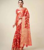 Red Organza Faux Kanjeevaram Woven Saree With Unstitched Blouse Piece
