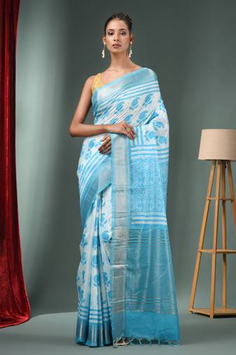 Sky Blue Blended Silk Handwoven Saree With Zari Border