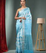 Sky Blue Blended Silk Handwoven Saree With Zari Border