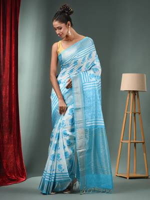 Sky Blue Blended Silk Handwoven Saree With Zari Border 2