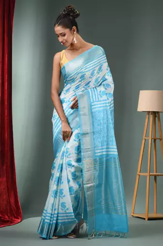 Sky Blue Blended Silk Handwoven Saree With Zari Border
